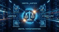 Futuristic digital justice concept with glowing scales of justice surrounded by cyber law, compliance, governance and regulation icons on dark tech background.