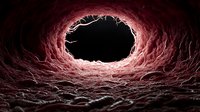 Dark tunnel with red glowing organic walls leading to black hole entrance, mysterious cave pathway with textured surface and eerie illumination. Medical concept.
