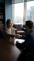 Professional mature businesswoman shaking hands with male colleague in modern office meeting room during successful business negotiation or partnership agreement.