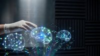 Hand reaching toward glowing digital brain networks with neural connections and data particles in futuristic technology concept for AI and machine learning.