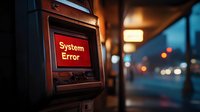 ATM display showing system error message in red against dark urban night setting with blurred city lights and bokeh background.
