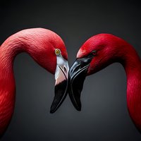 Two red flamingos face each other in dramatic lighting against dark background, creating intimate portrait of graceful birds with curved necks and distinctive beaks.