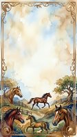 Equestrian pastoral scene with multiple horses in countryside landscape, ornate decorative border frame, watercolor style artwork suitable for greeting cards, stationery, and equine-themed designs.