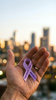 Hand holding purple awareness ribbon with cityscape bokeh background at sunset, symbolizing pancreatic cancer support and medical advocacy campaigns.