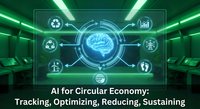 Artificial intelligence brain with green holographic interface displaying circular economy icons for sustainable business optimization and environmental tracking.