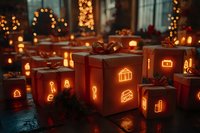 Glowing red paper lanterns with festive gift icons create magical Christmas atmosphere, decorated with pine branches and ribbons in warm candlelight setting.