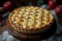 Freshly baked apple pie with golden lattice crust on wooden board, decorated with red apples and berries, rustic food photography with natural lighting.