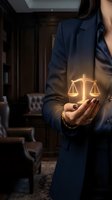 Professional female lawyer holding glowing scales of justice symbol in law office representing legal services and attorney consultation for business clients.