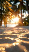 Golden sunset light sparkles on tropical beach sand with palm frond silhouette above, creating dreamy bokeh effect and warm summer atmosphere.