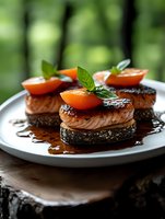 Grilled salmon steaks with fresh tomato slices and basil leaves on white plate, gourmet seafood dish with herbs for restaurant menu and culinary photography.