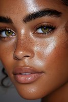 Close-up portrait of young mixed race woman with freckles, glowing skin, green eyes and natural makeup showing dewy complexion and facial features.