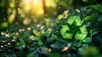 Green recycling symbol glowing among wet leaves and bokeh lights in nature, environmental conservation concept for eco-friendly initiatives and sustainability awareness.