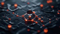 Glowing orange molecular structure on dark circuit board pattern background creates futuristic technology concept with depth of field and selective focus.