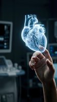 Glowing holographic human heart floating above open hand in medical office setting for healthcare technology and cardiology concepts.