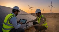 Two engineers in safety gear discussing renewable energy project with tablet at solar panel installation site during golden hour sunset with wind turbines.