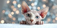 Adorable Sphynx cat with blue eyes peeking over white surface against blurred bokeh background of soft holiday lights.