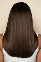 Long straight brown hair from back view on young woman wearing white top against beige background. Professional hairstyle showing healthy, smooth texture.