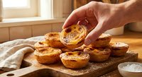 Hand reaching for freshly baked Portuguese custard tarts on wooden board in warm kitchen light, traditional pastry dessert for bakery and food concepts.