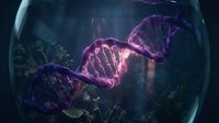 Glowing purple DNA double helix strand inside a glass bowl with underwater plants, science and genetics concept on dark background.