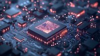 Glowing microprocessor on circuit board with red illuminated components and bokeh lights creating futuristic technological atmosphere in dark blue tones.
