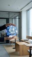 Person holding glowing digital network sphere with interconnected nodes in modern office environment, representing data connectivity, technology innovation, and business solutions.