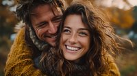 Happy couple embracing outdoors in autumn, man and woman smiling together in warm sweaters during golden hour sunset, romantic relationship lifestyle.