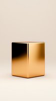 Metallic gold cube with reflective surface on neutral beige background, minimalist luxury design element for premium product presentation and branding.