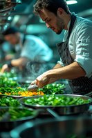 Professional male chef with curly hair and beard plating gourmet dish with fresh herbs in modern restaurant kitchen with dramatic lighting and steam effects.