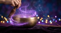 Tibetan singing bowl with magical purple energy swirls and sparkles being played with wooden mallet against bokeh lights background for meditation.