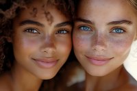 Two young mixed-race women with curly hair and blue eyes smiling together in warm natural light. Close-up portrait showing friendship and natural beauty.
