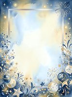 Festive celebration frame with fireworks, ornaments, and decorative flourishes on blue and gold watercolor background, isolated on white for greeting cards, invitations, and holiday designs.