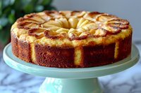 Golden upside-down pineapple cake with caramelized fruit rings on mint green cake stand, homemade dessert for bakery menu and recipe blogs.