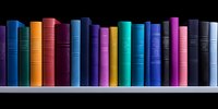 Colorful hardcover books arranged in row on white shelf against black background, spines showing vibrant spectrum of colors from orange to purple and blue.