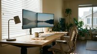 Modern home office workspace with dual monitor setup on wooden desk, ergonomic chair and natural lighting for remote work productivity.