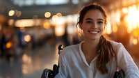Young professional woman smiling confidently in urban setting with warm golden hour lighting and bokeh background for business and lifestyle concepts.