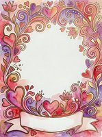 Ornamental floral frame with hearts, swirls, and decorative elements in pink, purple, and gold tones. Isolated design with blank banner for text, suitable for greeting cards, invitations, and creative projects.