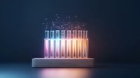 Glowing test tubes with colorful liquid and sparkles in laboratory rack against dark background, science research concept for chemistry experiments.