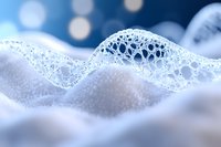 Delicate lace-like frost pattern forming crystalline waves against blurred blue winter background with soft bokeh lights and snowy textures.