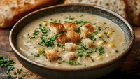 Creamy mushroom soup with golden croutons and fresh herbs served in rustic bowl. Comfort food perfect for restaurants, cafes, and culinary marketing materials.