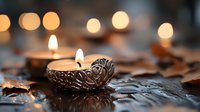 Lit candle in decorative leaf-shaped holder surrounded by blurred bokeh lights and fallen leaves, creating warm ambiance for home decor, events, and seasonal celebrations.