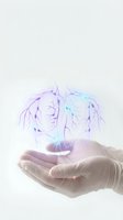 Human hands holding holographic brain with glowing neural networks and synapses for medical technology and neuroscience concepts.