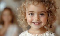 Smiling young child with curly blonde hair and blue eyes wearing white lace dress, soft focus background creates warm family portrait atmosphere.