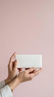 Hands holding white rectangular product box against pink background for packaging and branding mockup.