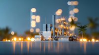 Industrial power plant with glowing lights reflecting on water surface at dusk, palm trees silhouettes and bokeh light effects create atmospheric evening scene.