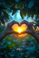 Hands forming heart shape against setting sun through green leaves, creating romantic silhouette with golden sunlight and dreamy teal bokeh background.