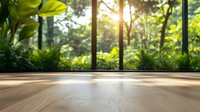 Empty wooden floor with blurred green garden and sunlight through window background, creating peaceful morning atmosphere for wellness space.