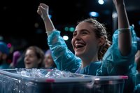 Young Caucasian woman in turquoise uniform expressing joy and excitement at night event, raising arms with genuine emotional reaction amid crowd and stage lights.