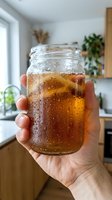 Hand holding glass jar filled with cold brew coffee or iced tea beverage with condensation and ice cubes in modern kitchen interior with plants and window.