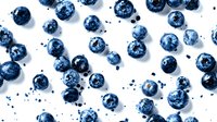 Fresh ripe blueberries scattered on white background with water drops and small crumbs creating dynamic composition for food photography and packaging design.