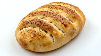 Fresh baked artisan bread loaf with golden brown crust and poppy seeds on top, diagonal slashes across surface, isolated on white background.